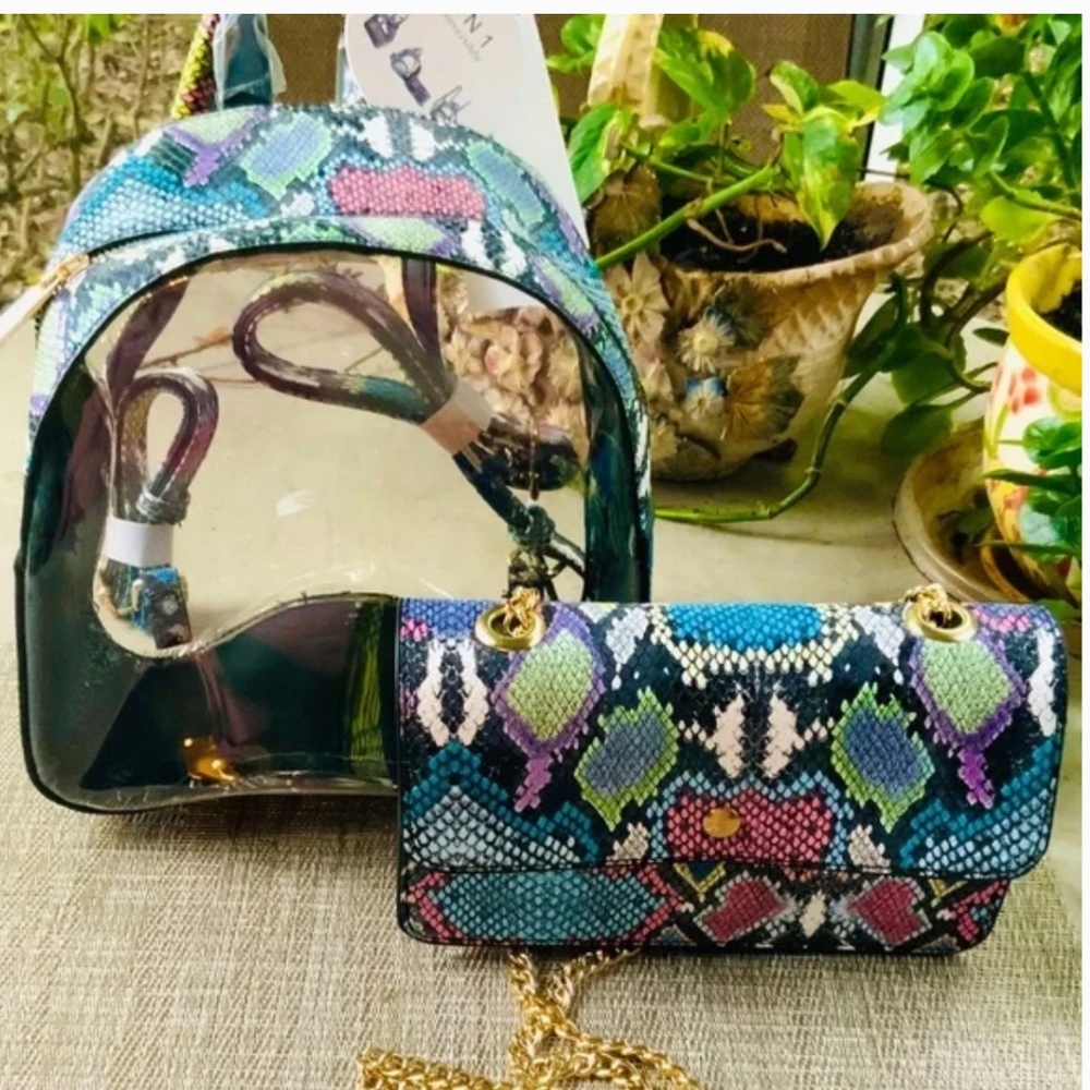 Trendy BACKPACK SET SNAKESKIN PRINT/CLEAR FUN BAG -NWT-⭐️LOW CLOSEOUT PRICE